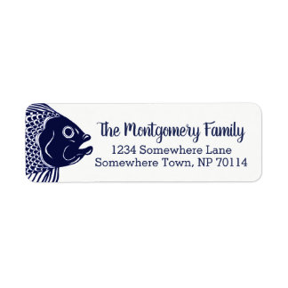 Nautical Navy Blue Fish Head & Family Name Label