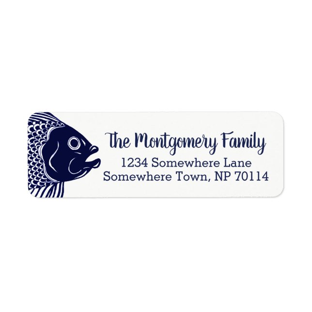 Nautical Navy Blue Fish Head & Family Name Label (Front)
