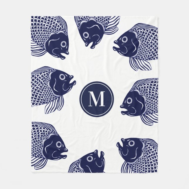 Nautical Navy Blue Fish Head | Personalized Fleece Blanket (Front)