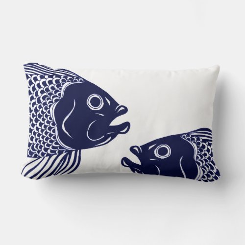 Nautical Navy Blue Fish Heads Lumbar Pillow