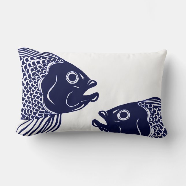 Nautical Navy Blue Fish Heads Lumbar Pillow (Front)