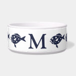 Nautical Navy Blue Fish & White | Monogram<br><div class="desc">Personalize your pet's monogram letter. Available in medium/large sizes. This ceramic bowl makes the perfect addition to any coastal,  nautical,  beach chic decor!</div>