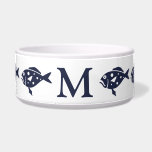 Nautical Navy Blue Fish & White | Monogram Bowl<br><div class="desc">Personalize your pet's monogram letter. Available in medium/large sizes. This ceramic bowl makes the perfect addition to any coastal,  nautical,  beach chic decor!</div>