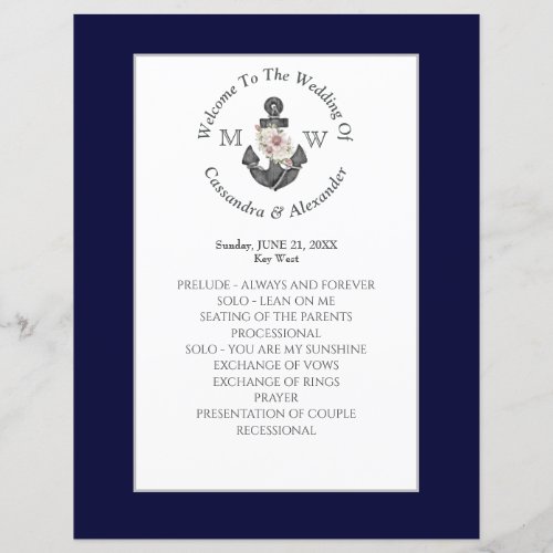 Nautical Navy Blue Floral Anchor wedding Program