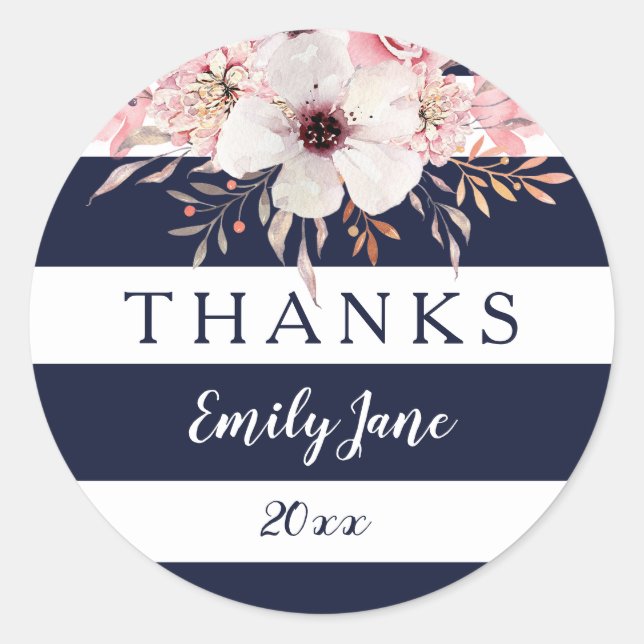 Nautical Navy Blue Floral Baby Shower Stickers (Front)