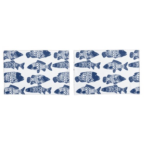 Nautical Navy Blue Floral Patterned Fish Pillow Case