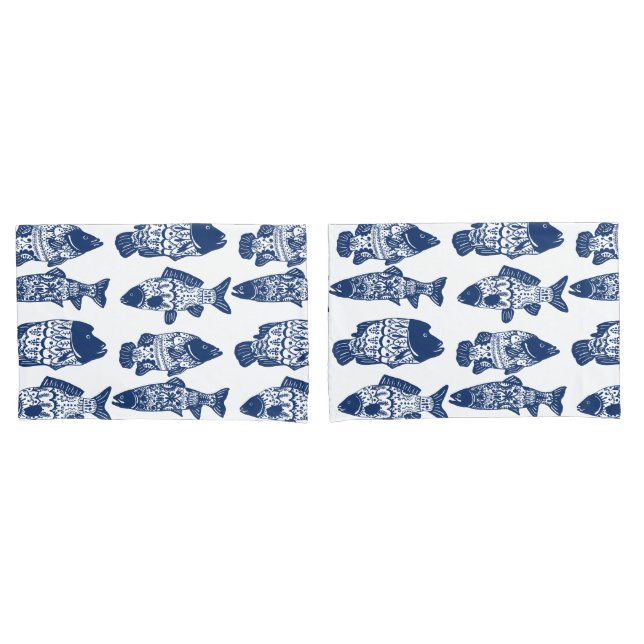 Nautical Navy Blue Floral Patterned Fish Pillow Case (Front-Set)