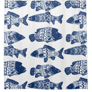 Nautical Navy Blue Floral Patterned Fish Shower Curtain