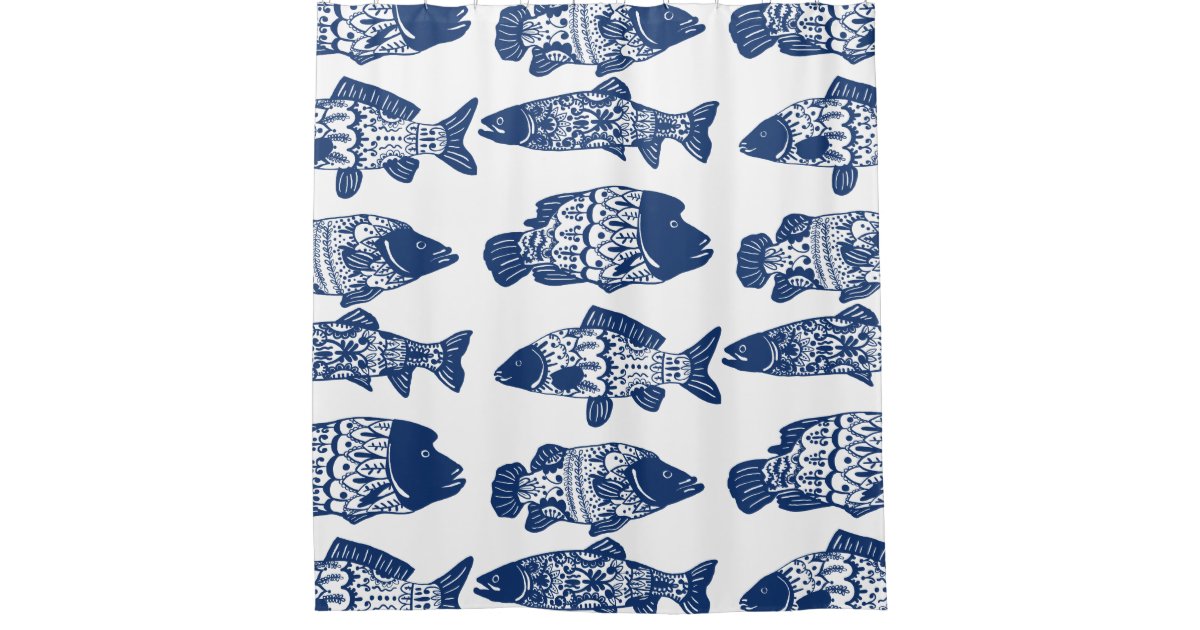 Nautical Navy Blue Floral Patterned Fish Shower Curtain Zazzle