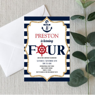 Nautical Navy Blue Four 4th Fourth Birthday Party Invitation