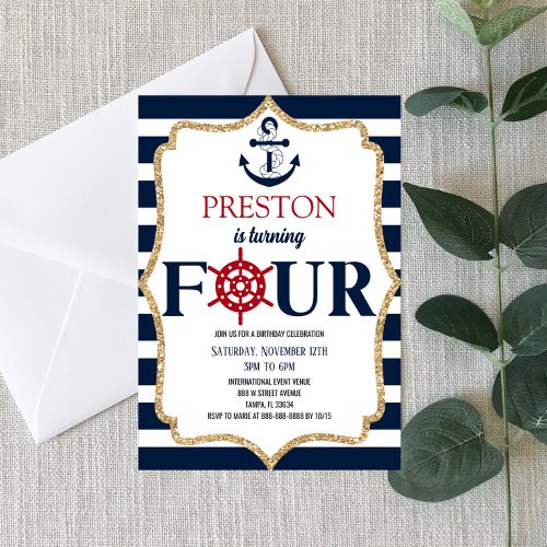 Nautical Navy Blue Four 4th Fourth Birthday Party Invitation