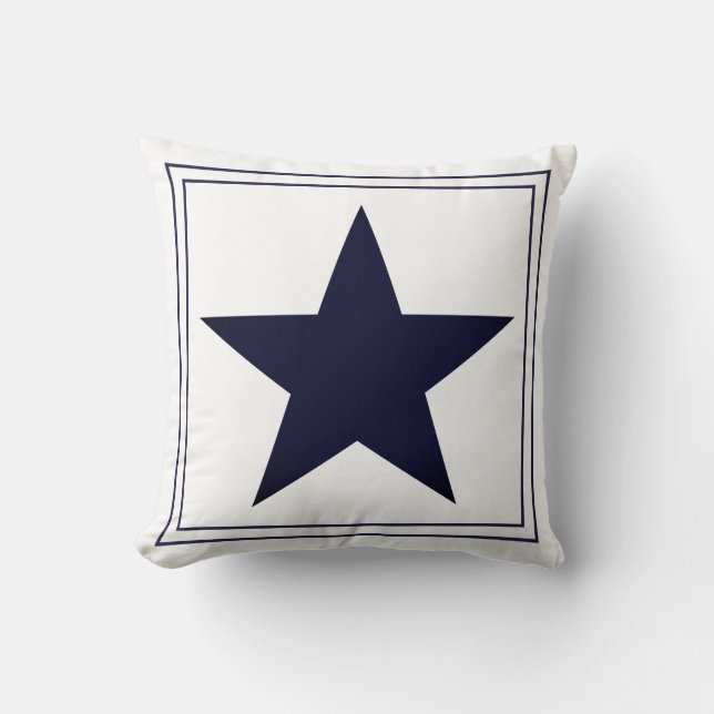 Nautical Navy Blue Frame & Star Monogram Throw Pillow (Front)