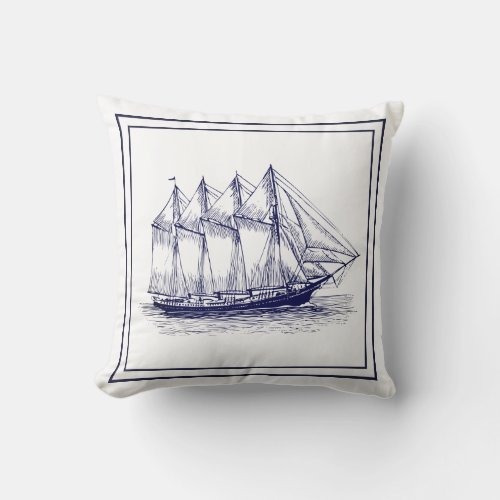 Nautical Navy Blue Frame  Vintage Schooner Ship Throw Pillow