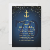 Nautical Navy Blue Gold Anchor 70th Birthday Party Invitation (Front)