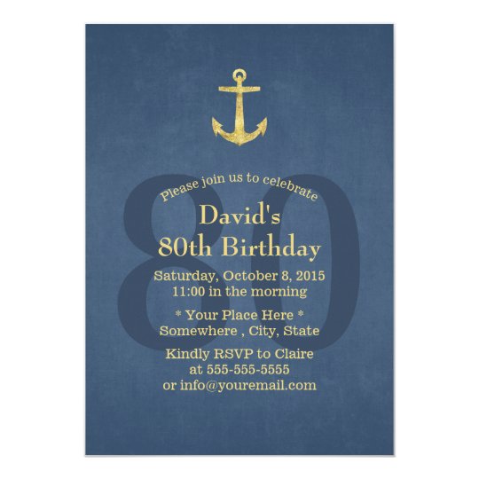 nautical navy blue gold anchor 80th birthday party invitation