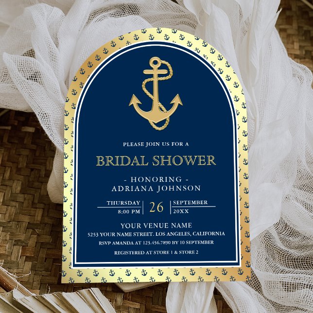 Nautical Navy Blue Gold Anchor Arch Bridal Shower Invitation (Creator Uploaded)