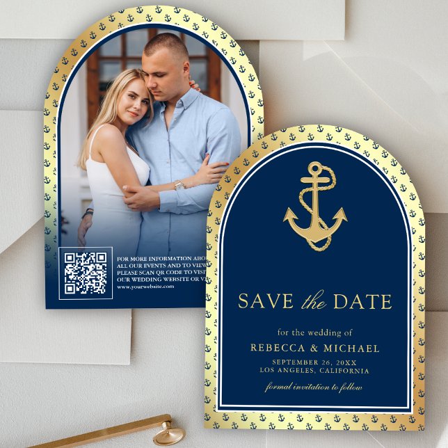 Nautical Navy Blue Gold Anchor Arch Photo Wedding Save The Date (Creator Uploaded)