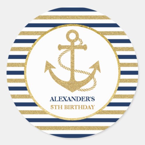 Nautical Navy Blue Gold Anchor Birthday Party Classic Round Sticker