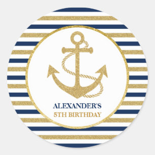 Nautical Navy Blue Gold Anchor Birthday Party Classic Round Sticker