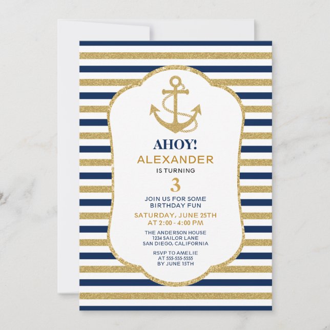 Nautical Navy Blue Gold Anchor Birthday Party Invitation (Front)