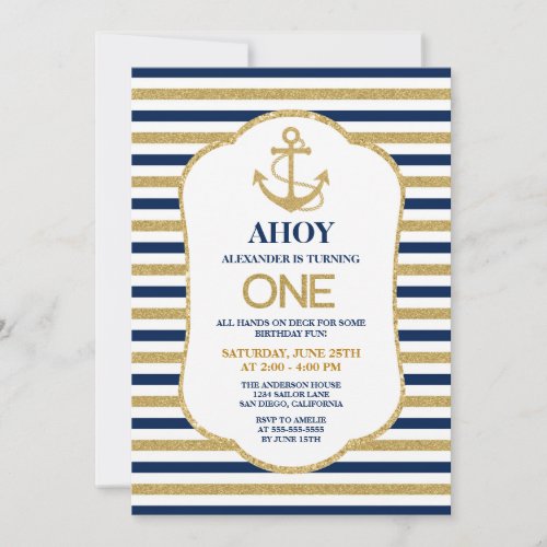 Nautical Navy Blue Gold Anchor Birthday Party Invitation