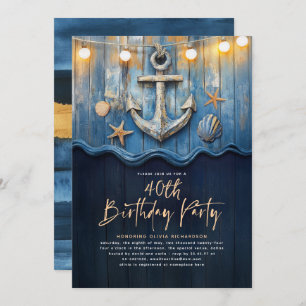 Nautical Navy Blue & Gold Anchor Birthday Party Invitation