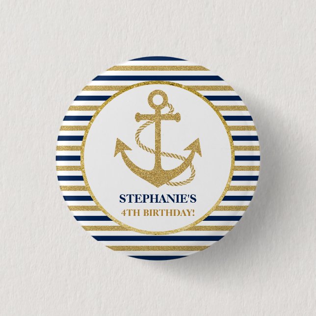 Nautical Navy Blue Gold Anchor Button (Front)