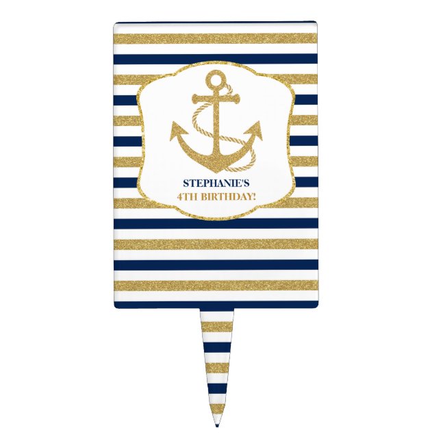 Nautical Navy Blue Gold Anchor Cake Topper (Front)