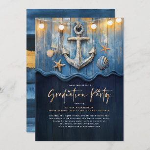 Nautical Navy Blue & Gold Anchor Graduation Party Invitation