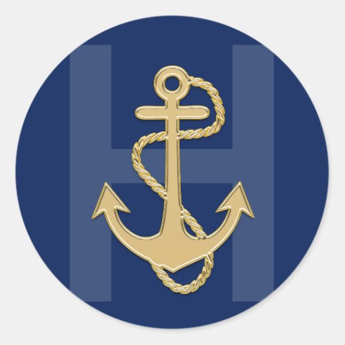 Nautical Navy Blue Gold Anchor MONOGRAM Wedding Classic Round Sticker