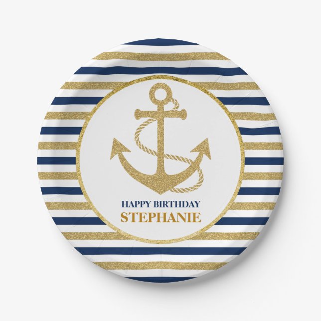 Nautical Navy Blue Gold Anchor Paper Plates (Front)