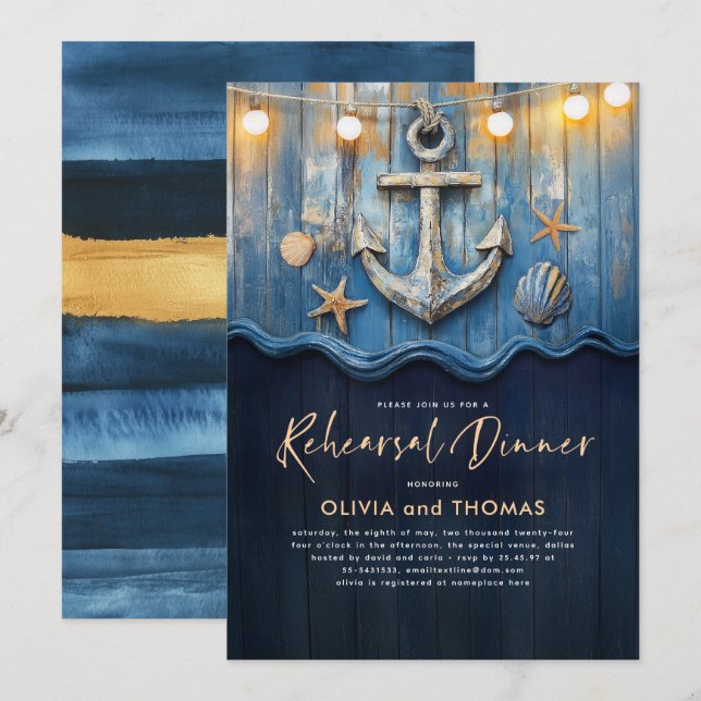 Nautical Navy Blue & Gold Anchor Rehearsal Dinner Invitation (Front/Back)