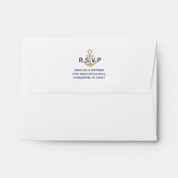 Nautical Navy Blue Gold Anchor Rsvp Wedding Envelope by UniqueWeddingShop at Zazzle