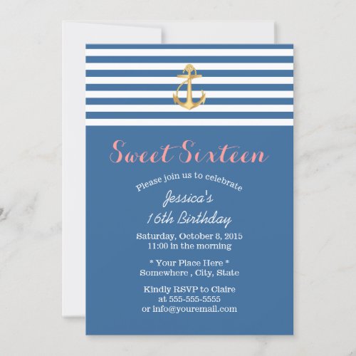 Nautical Navy Blue Gold Anchor Sweet 16 Invitation