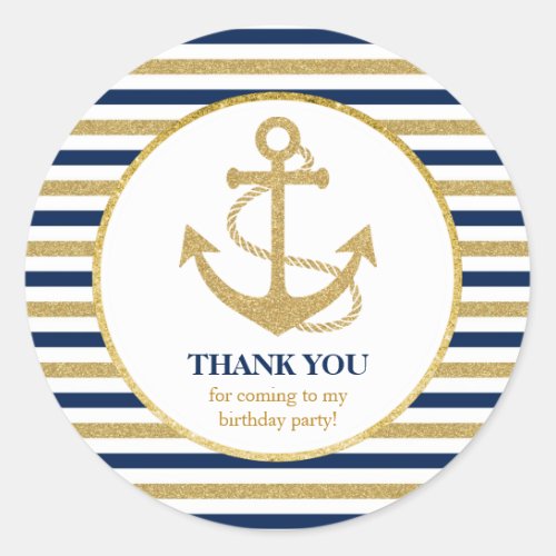 Nautical Navy Blue Gold Anchor Thank You Classic Round Sticker