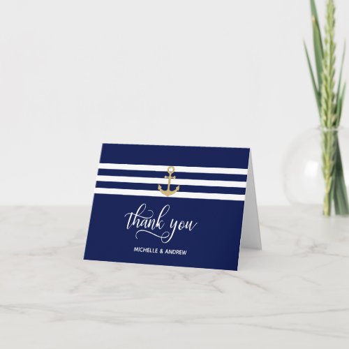 Nautical Navy Blue Gold Anchor Thank You Wedding Card