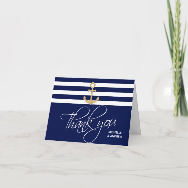 Nautical Navy Blue Gold Anchor Thank You Wedding Card (Front)