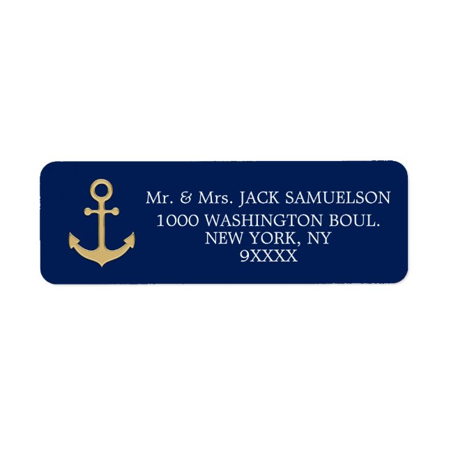 Nautical Navy Blue Gold Anchor Wedding Label (Front)