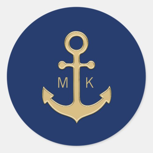 Nautical Navy Blue Gold Anchor Wedding MONOGRAMS Classic Round Sticker