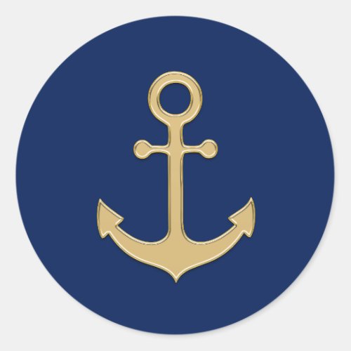 Nautical Navy Blue Gold Anchor Wedding Shower Classic Round Sticker