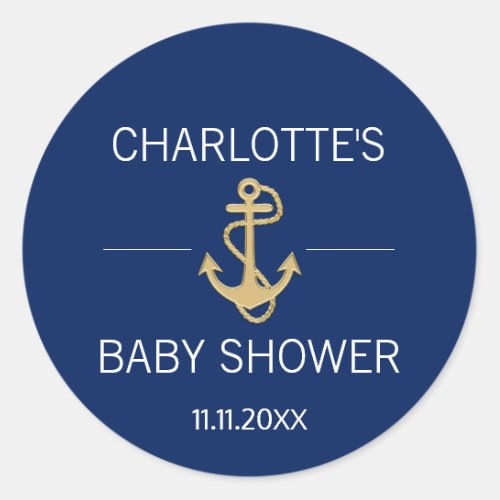 Nautical Navy Blue Gold Anchor White BABY SHOWER Classic Round Sticker