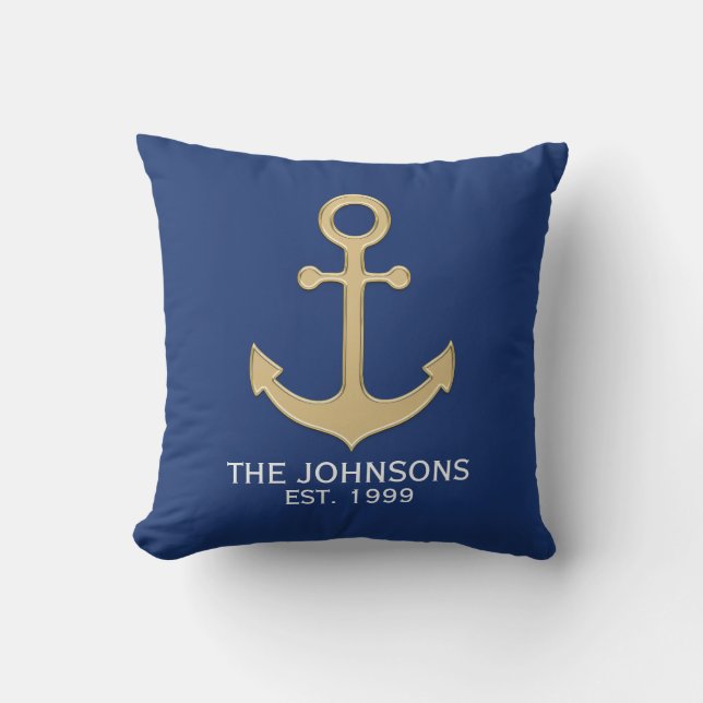 Nautical Navy Blue Gold Anchor White Family Outdoor Pillow (Front)