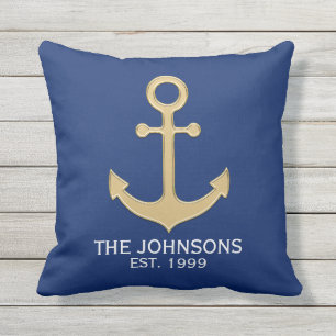 Nautical Navy Blue Gold Anchor White Family Outdoor Pillow