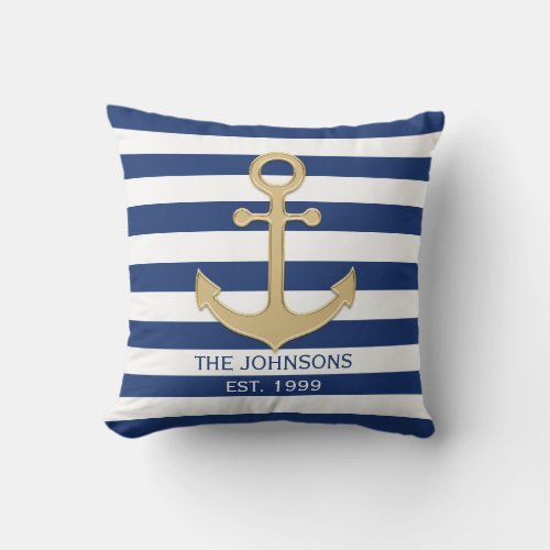 Nautical Navy Blue Gold Anchor White Stripes Outdoor Pillow