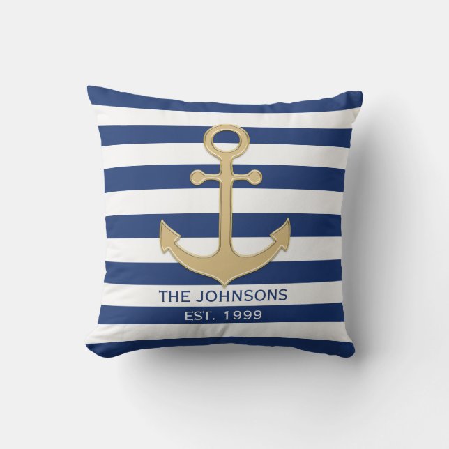 Nautical Navy Blue Gold Anchor White Stripes Outdoor Pillow (Front)