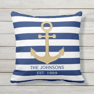 Nautical Navy Blue Gold Anchor White Stripes Outdoor Pillow
