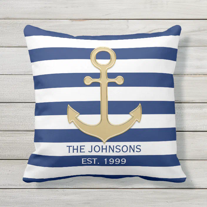 Nautical Navy Blue Gold Anchor White, Outdoor Pillows Nautical Theme