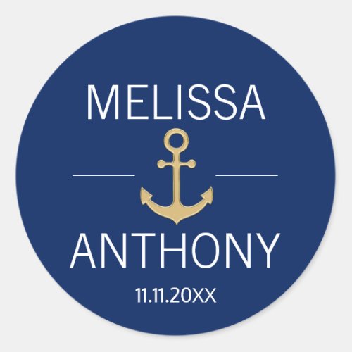 Nautical Navy Blue Gold Anchor White Wedding Classic Round Sticker