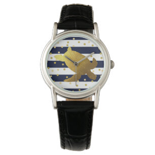 Nautical Navy Blue & Gold Foil Turtle & Confetti Watch