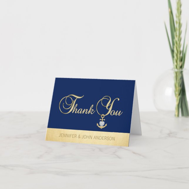 Nautical Navy Blue Gold Foil Wedding Thank You Card (Front)